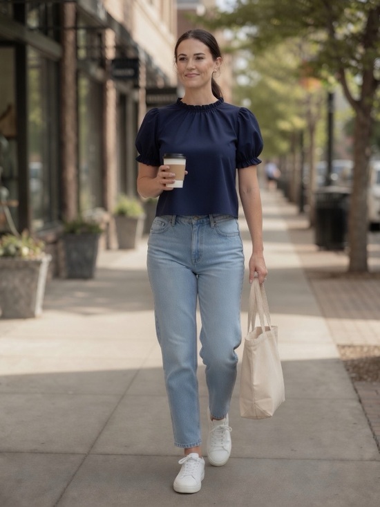 Hill House Tops - Hill House Navy Short-Sleeve Round Collar Ruffled Top Size Small